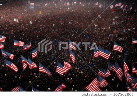 Background blur of crowd at political rally in the United States holding signs and carrying US flags. Upcoming election cycle in 2024 presidential campaigns., AI 107562005