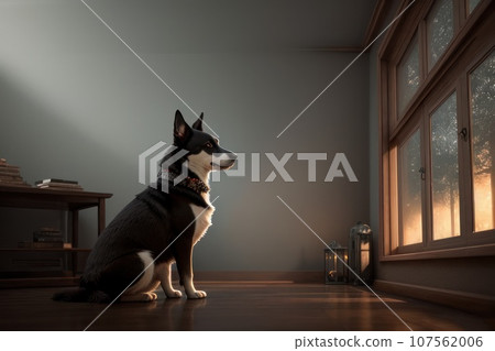 Sad dog looking out of the window. Side view of large puppy dog sitting at the window and waiting with longing or depressed face expression. 10 months old dog, AI 107562006
