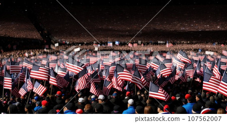 Background blur of crowd at political rally in the United States holding signs and carrying US flags. Upcoming election cycle in 2024 presidential campaigns., AI 107562007