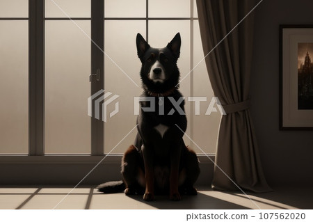 Bored dog with head on window sill while looking at the rain outside. Side view of black dark dog resting or waiting with elevated head position. 1 year old female or male mix dog, AI Bored dog with head on window sill while looking at the rain outside. Side view of black dark dog resting or waiting with elevated head position. 1 year old female or male mix dog, AI 107562020
