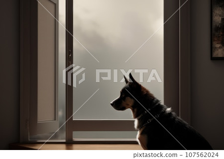 Bored dog near window sill while looking at the rain outside. Side view of black dark dog resting or waiting with elevated head position. 1 year old female or male mix dog, AI Bored dog near window sill while looking at the rain outside. Side view of black dark dog resting or waiting with elevated head position. 1 year old female or male mix dog, AI 107562024