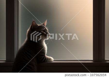 Cute Scottish fold cat sitting near window on windowsill. Cat is grown indoors, AI Cute Scottish fold cat sitting near window on windowsill. Cat is grown indoors, AI 107562034