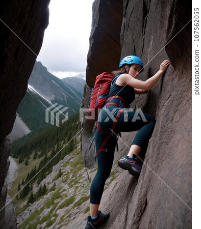 Beautiful sporty girl in safety harness with equipment started to climb the rock wall outdoor, looking at camera, AI Beautiful sporty girl in safety harness with equipment started to climb the rock wall outdoor, looking at camera, AI 107562055