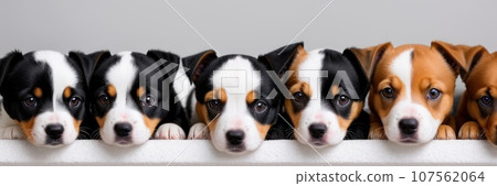 Puppies posing intdoor. Cute dog breeds sitting in line. Grey light wall on background. Small breeds. Banner, AI 107562064