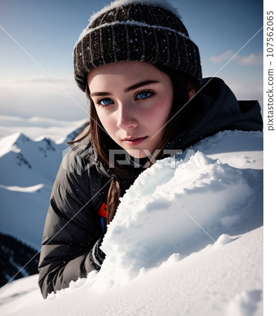 Female backpacker with backpack dressed warm down jacket enjoying snowy mountains landscape while she trekking winter mountain route. Active people in the nature concept image., AI 107562065