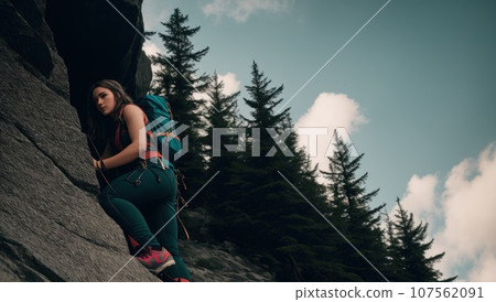side view of young slim woman rock climber in bright blue backpack climbing on the cliff. a woman climbs on a vertical rock wall on the blue sky background, AI 107562091