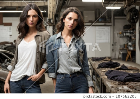 The concept of small business, feminism and women's equality. Two young women mechanic stand in their workshop or garage. young woman wearing a dirty and torn shirt and jeans, AI 107562203