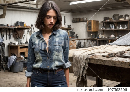 The concept of small business, feminism and women's equality. Young caucasian woman mechanic stand in her workshop or garage. Young woman wearing a dirty and torn shirt and jeans. Unauthorised repair, 107562206