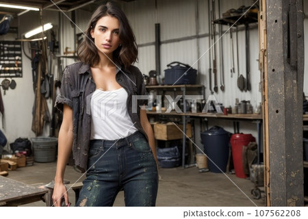The concept of small business, feminism and women's equality. Young caucasian woman mechanic stand in her workshop or garage. Young woman wearing a dirty and torn shirt and jeans. Unauthorised repair, 107562208