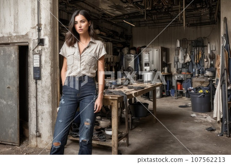The concept of small business, feminism and women's equality. Young caucasian woman mechanic stand in her workshop or garage. Young woman wearing a dirty and torn shirt and jeans. Unauthorised repair, 107562213