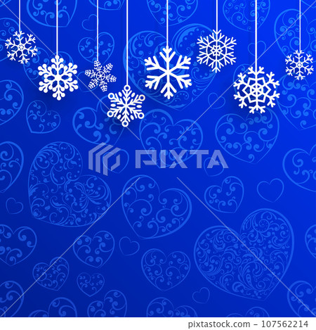Christmas background with hanging snowflakes on background of hearts Christmas background with hanging snowflakes on background of hearts 107562214