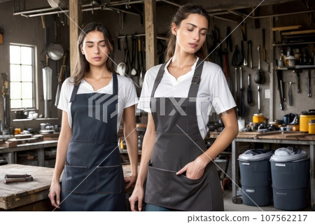 The concept of small business, feminism and women's equality. Two young women mechanic in apron stand in their workshop or garage. Young woman wearing a dirty and torn shirt and jeans, AI 107562217