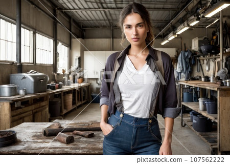 The concept of small business, feminism and women's equality. Young caucasian woman mechanic stand in her workshop or garage. Young woman wearing a dirty and torn shirt and jeans. Unauthorised repair, The concept of small business, feminism and women's equality. Young caucasian woman mechanic stand in her workshop or garage. Young woman wearing a dirty and torn shirt and jeans. Unauthorised repair, 107562222