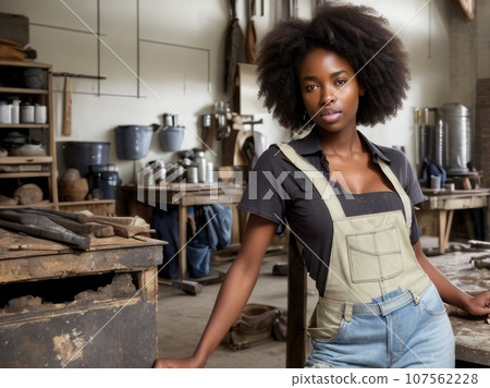 The concept of small business, feminism and women's equality. Young african american woman mechanic stand in her workshop or garage. Young woman wearing a dirty and torn apron, shirt and jeans, AI The concept of small business, feminism and women's equality. Young african american woman mechanic stand in her workshop or garage. Young woman wearing a dirty and torn apron, shirt and jeans, AI 107562228