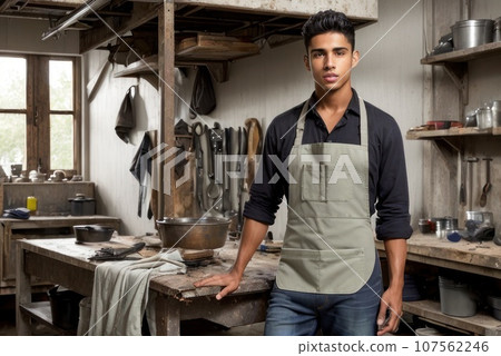 Portrait of latino male mechanic in apron at garage, Auto mechanic standing in a repair workshop. Concept of value of manual labor and the satisfaction from working with one's hand, AI 107562246
