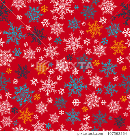 Seamless pattern of snowflakes, multicolored on red 107562264