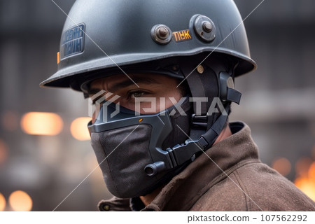 Portrait of a Professional Heavy Industry Engineer Worker Wearing Uniform and Hard Hat in a Steel Factory. Serious caucasian male Industrial Specialist Standing in Metal Construction Facility., AI Portrait of a Professional Heavy Industry Engineer Worker Wearing Uniform and Hard Hat in a Steel Factory. Serious caucasian male Industrial Specialist Standing in Metal Construction Facility., AI 107562292