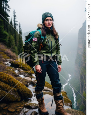 a young woman dressed in rugged outdoor attire, exploration-ready, adventurous spirit, exuding confidence and elegance amidst a natural backdrop. Mountain view, AI a young woman dressed in rugged outdoor attire, exploration-ready, adventurous spirit, exuding confidence and elegance amidst a natural backdrop. Mountain view, AI 107562293