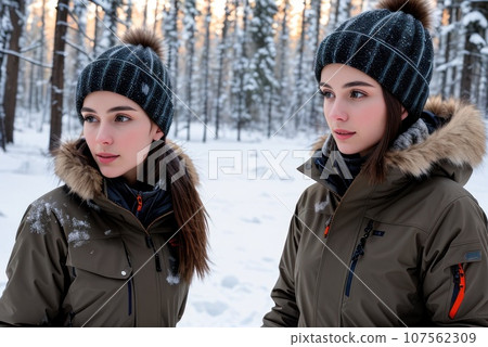 a young woman dressed in rugged outdoor attire, exploration-ready, adventurous spirit, exuding confidence and elegance amidst a natural backdrop. Winter snowy forest. Cold weather, AI 107562309
