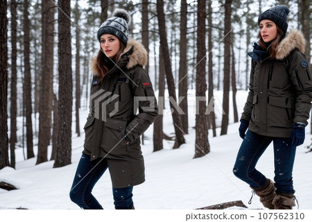 a young woman dressed in rugged outdoor attire, exploration-ready, adventurous spirit, exuding confidence and elegance amidst a natural backdrop. Winter snowy forest. Cold weather, AI a young woman dressed in rugged outdoor attire, exploration-ready, adventurous spirit, exuding confidence and elegance amidst a natural backdrop. Winter snowy forest. Cold weather, AI 107562310