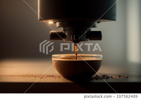 A hand using a coffee maker machine to brew an espresso coffee. Coffee being poured into white mug. A modern home office coffee machine appliance, selective focus, AI 107562489