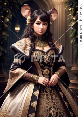 Front view of mouse wearing suit, standing in proud pose. Rat with fluffy paws as groom in intricate richly embroidered palace costume, fancy outfit, fairy tale concept. Elegant anthropomorphic 107562490