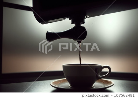 A hand using a coffee maker machine to brew an espresso coffee. Coffee being poured into white mug. A modern home office coffee machine appliance, selective focus, AI 107562491