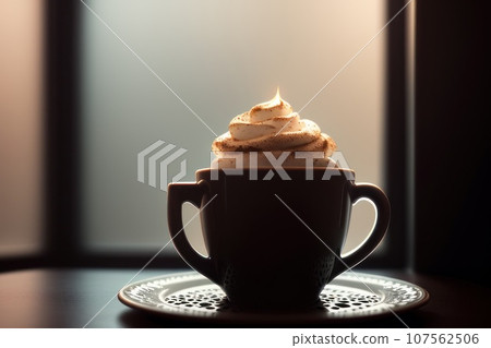 Coffee cup, Sweet Milkshake with caramel syrup,cream liqueur,caramel popcorn and chocolate powder on brown background with vintage,manual coffee grinder., AI 107562506