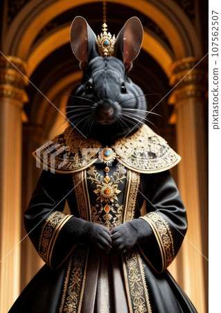 Front view of chinchilla wearing suit, standing in proud pose. Rat with fluffy paws as groom in intricate embroidered palace costume, fancy outfit, fairy tale concept. Elegant anthropomorphic animal, Front view of chinchilla wearing suit, standing in proud pose. Rat with fluffy paws as groom in intricate embroidered palace costume, fancy outfit, fairy tale concept. Elegant anthropomorphic animal, 107562507
