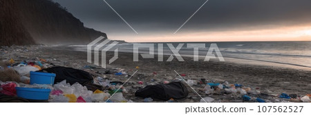 Spilled garbage on the beach of the big city. Empty used dirty plastic bottles. Dirty sea sandy shore. Environmental pollution. Ecological problem. Banner. Moving waves in background. Generative AI 107562527
