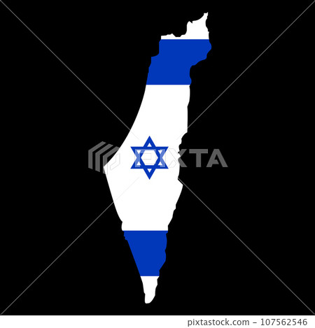 Israel map in the colors of the national flag with David star. Vector illustration blue and white Israeli map isolated on black background. 107562546