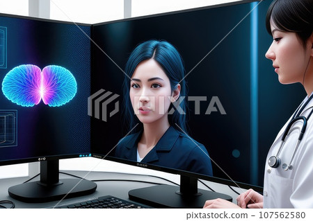 Doctor or physician take care of patient at the hospital. Beautiful female medical doctor is talking to patient reviewing brain X-ray picture, radiographic image, ct scan, mri, clinic. Generative AI 107562580