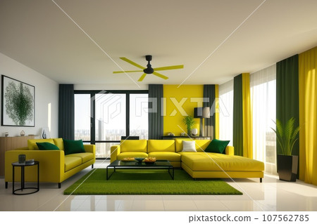 Modern yellow and green interior design of living room in apartment, house, office, bright modern interior details and sun rays from the window against the background of colorful walls. Generative AI 107562785