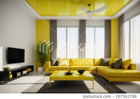 Modern interior design, yellow and green colors in a spacious room, next to a table with flowers against a gray wall. Bright room with a comfortable sofa, plants and elegant accessories. Generative AI 107562786