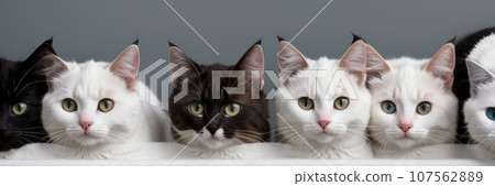 Group of Different kitties heads peeks out from behind a grey white wall. Row of Funny cat peeks out. Image for veterinary clinics, sites about pets. Copy space. Banner, AI 107562889