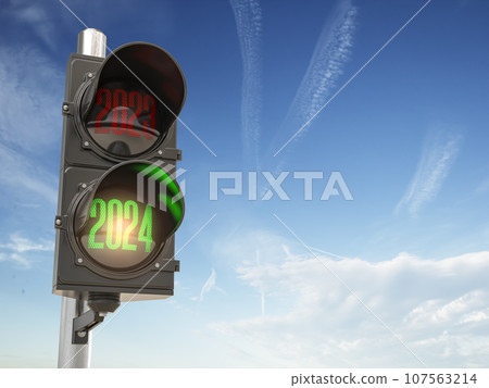 Traffic light with green light 2024 and red 2023 on sky background. Start New 2024 Year concept. 3d illustration 107563214