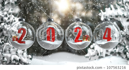 2023 Happy New Year. Numbers 2022 with cristmas trees, gifts and snow flakes in glass baubles or balls, New Years Eve decoration. 2023 Happy New Year. Numbers 2022 with cristmas trees, gifts and snow flakes in glass baubles or balls, New Years Eve decoration. 107563216