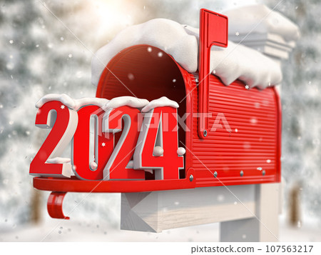 Happy New 2024 Year. Mailbox with letters and number 2024. 107563217