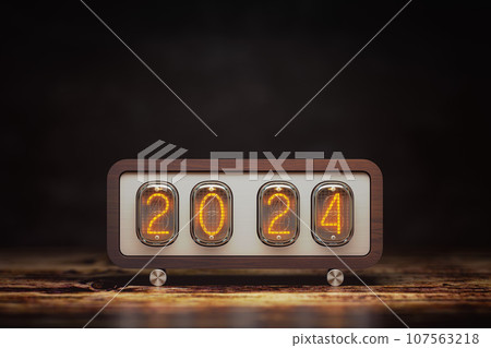 Happy New 2024 Year. Vintage nixie clock with 2024. 107563218