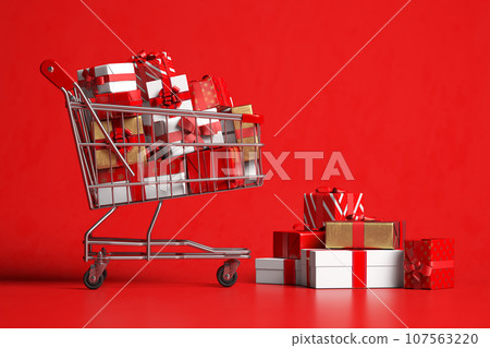 Shopping cart with gift box on red background. Shopping cart with gift box on red background. 107563220