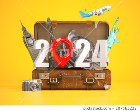 2024 Happy new year. Number 2024 and pin with most popular landmarks of the world. New year celebration in London, Paris, Rome or New York. 2024 Happy new year. Number 2024 and pin with most popular landmarks of the world. New year celebration in London, Paris, Rome or New York. 107563222