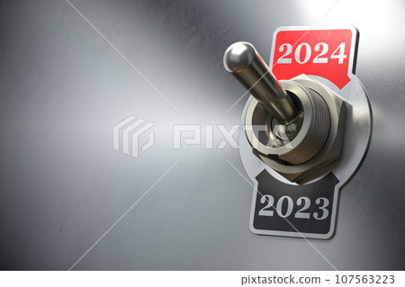 2024 new year change. Vintage switch toggle with numbers 2023 and 2024. 107563223