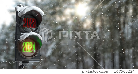 Happy new year 2024. Traffic light with green light 2024 and red 2023 on forest or park background. Happy new year 2024. Traffic light with green light 2024 and red 2023 on forest or park background. 107563224
