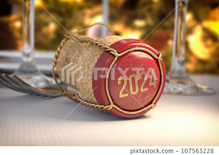 2024 Happy new year champaign cork cap with on the festive table. 2024 Happy new year champaign cork cap with on the festive table. 107563228