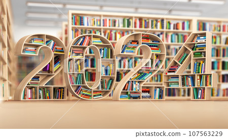 2024 new year education concept. Bookshelves with books in the form of text 2024 in library. 107563229