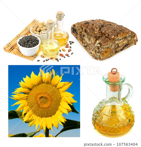 Bread with sunflower seeds and butter isolated on white . Collage. Bread with sunflower seeds and butter isolated on white . Collage. 107563404