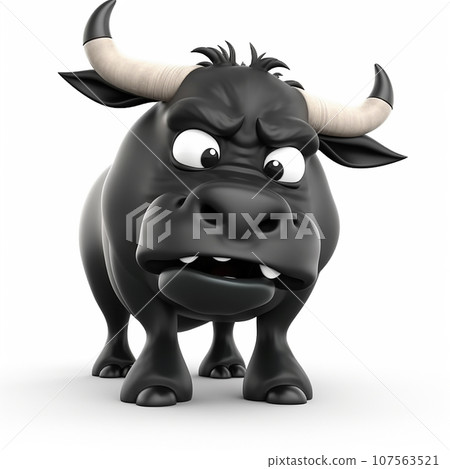Black bull, funny cute black bull 3d illustration on white, creative avatar, unusual animal Black bull, funny cute black bull 3d illustration on white, creative avatar, unusual animal 107563521