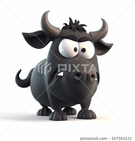 Black bull, funny cute black bull 3d illustration on white, creative avatar, unusual animal Black bull, funny cute black bull 3d illustration on white, creative avatar, unusual animal 107563522