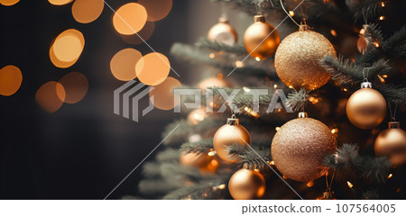 Close up view of beautiful fir branches with shiny golden bauble or ball, Christmas holidays background. 107564005