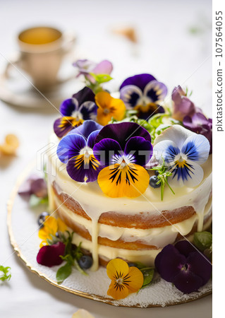 Birthday cake decorated with edible pansy flowers, vertical format 107564055